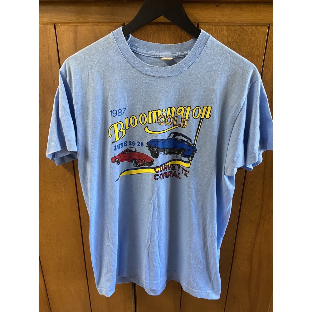 1987 Bloomington Gold Corvette Corral Vintage Car  Tshirt Single Stitch Blue XL